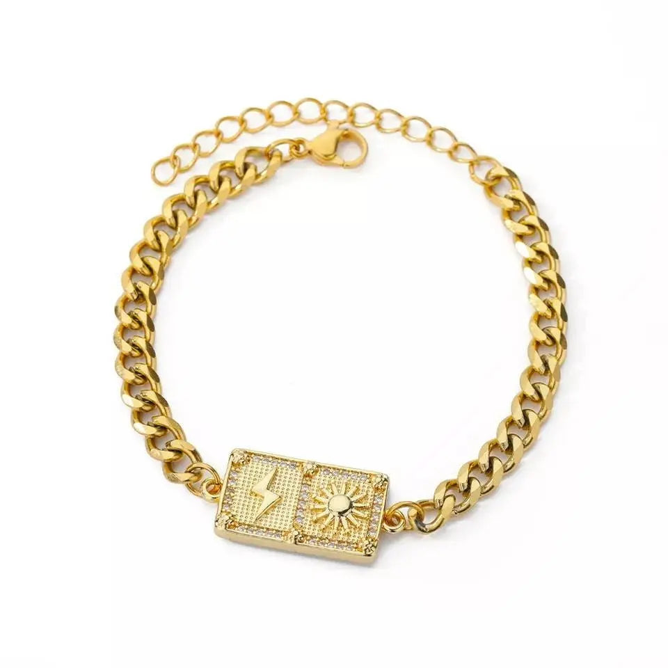 Sun and Bolt Gold Bracelets for Women Girls 18K Gold  Plated Dainty Cuban Link  Bracelet Gold Bracelets Adjustable JettsJewelers