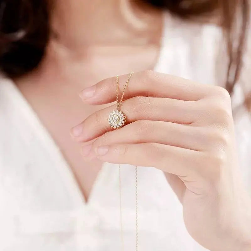 Sunflower Fidget Necklace, Personalized Fashion Rotating Necklace, Spinning Sunflower Necklace Pendant Jewelry Gifts with Free Earrings JettsJewelers