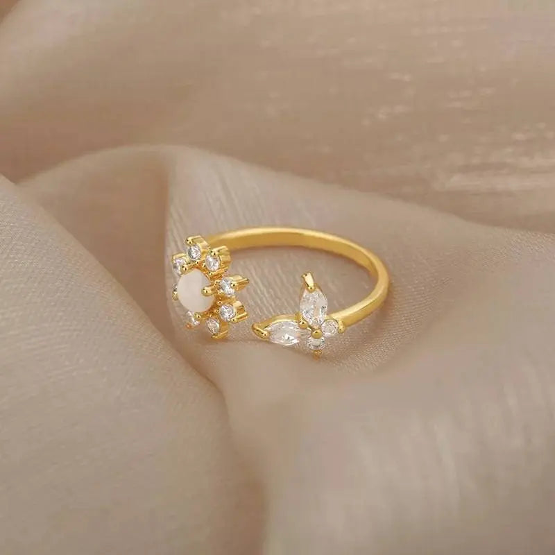 Sunflower Opal and Zircon Butterfly Ring for Women Stainless Steel Opal Aesthetic Rings Adjustable Charm Vintage 14k Gold Jewelry Exquisite - JettsJewelers