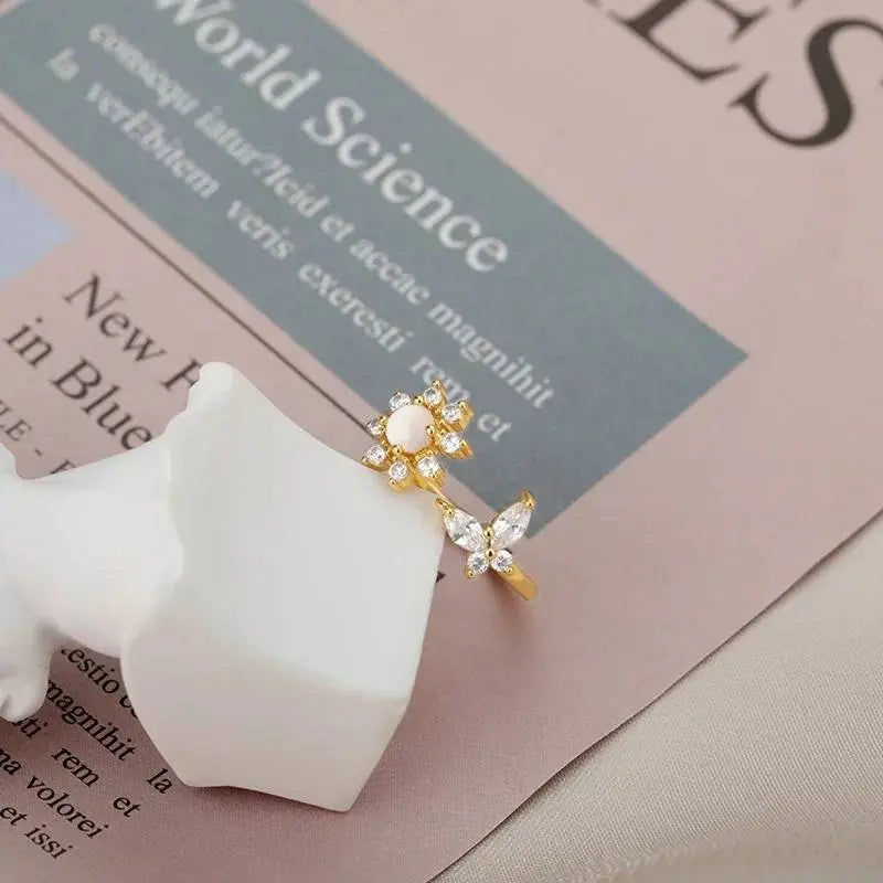 Sunflower Opal and Zircon Butterfly Ring for Women Stainless Steel Opal Aesthetic Rings Adjustable Charm Vintage 14k Gold Jewelry Exquisite - JettsJewelers
