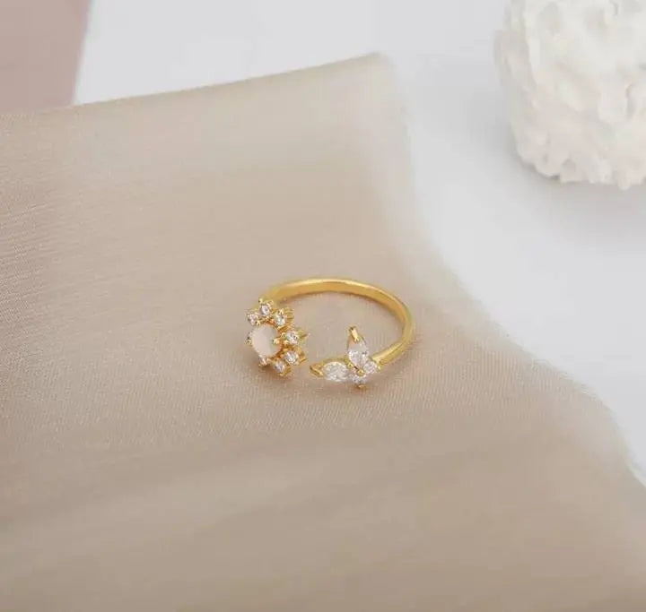 Sunflower Opal and Zircon Butterfly Ring for Women Stainless Steel Opal Aesthetic Rings Adjustable Charm Vintage 14k Gold Jewelry Exquisite - JettsJewelers