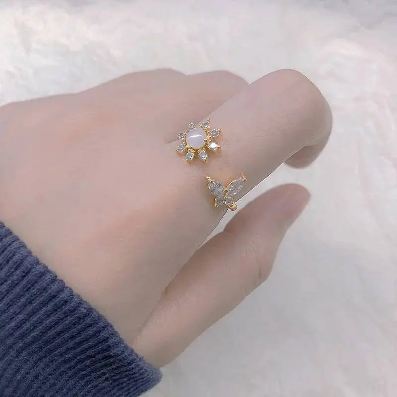 Sunflower Opal and Zircon Butterfly Ring for Women Stainless Steel Opal Aesthetic Rings Adjustable Charm Vintage 14k Gold Jewelry Exquisite - JettsJewelers