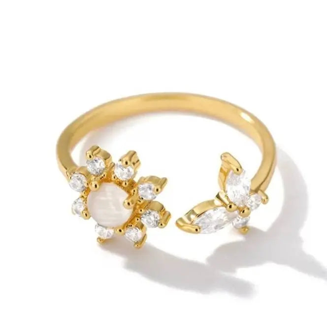 Sunflower Opal and Zircon Butterfly Ring for Women Stainless Steel Opal Aesthetic Rings Adjustable Charm Vintage 14k Gold Jewelry Exquisite - JettsJewelers