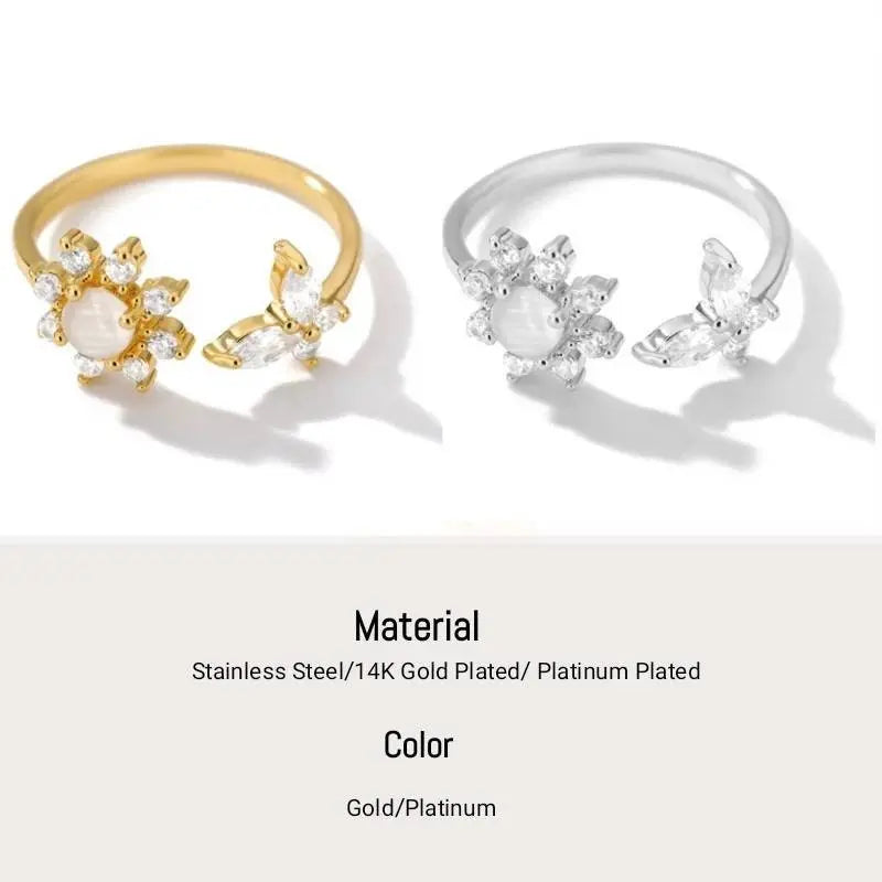 Sunflower Opal and Zircon Butterfly Ring for Women Stainless Steel Opal Aesthetic Rings Adjustable Charm Vintage 14k Gold Jewelry Exquisite - JettsJewelers