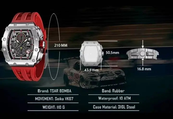 TSAR BOMBA Mens Watches Luxury Tonneau Watches for Men Waterproof 50M Analog Replica Watch Chronograph Calendar Date Mens Dress Business JettsJewelers