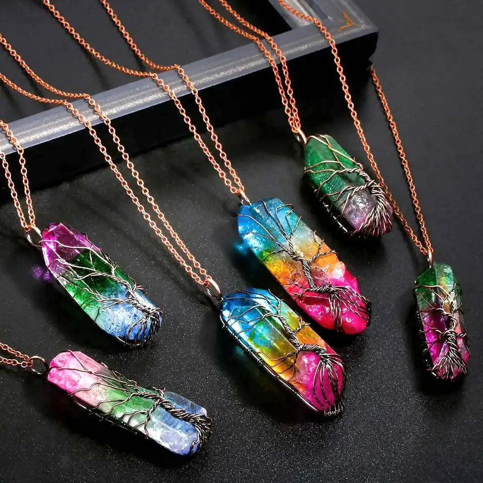 Tree of Life Rainbow Quartz Crystal Gemstone Reiki Healing Rock Raw Stone Chakra Pendant Necklace Women Rose Gold Wire Wrap Necklace JettsJewelers