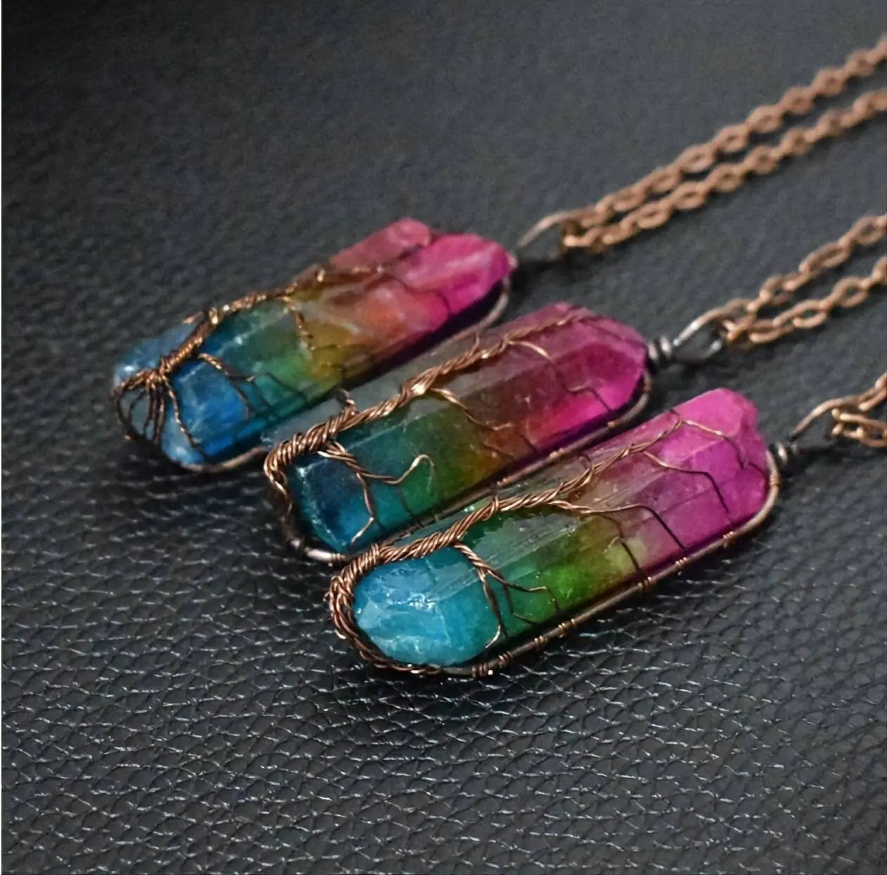 Tree of Life Rainbow Quartz Crystal Gemstone Reiki Healing Rock Raw Stone Chakra Pendant Necklace Women Rose Gold Wire Wrap Necklace JettsJewelers