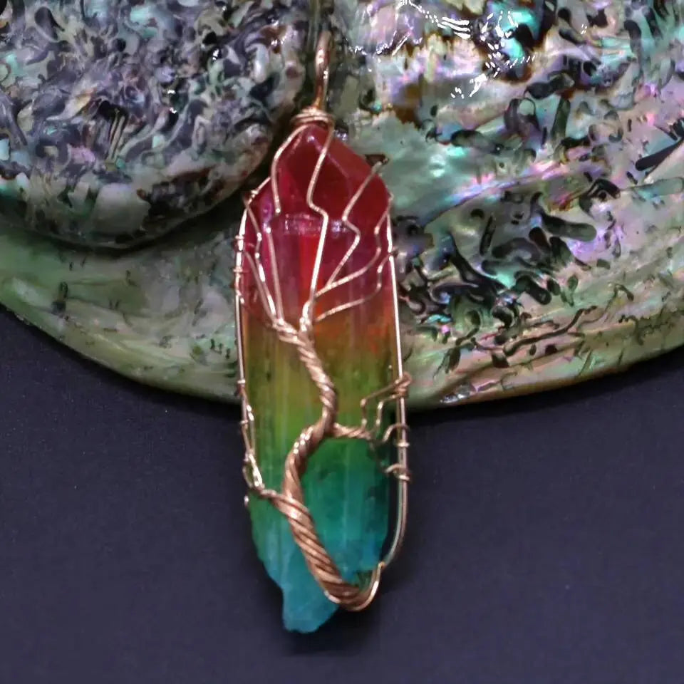Tree of Life Rainbow Quartz Crystal Gemstone Reiki Healing Rock Raw Stone Chakra Pendant Necklace Women Rose Gold Wire Wrap Necklace JettsJewelers