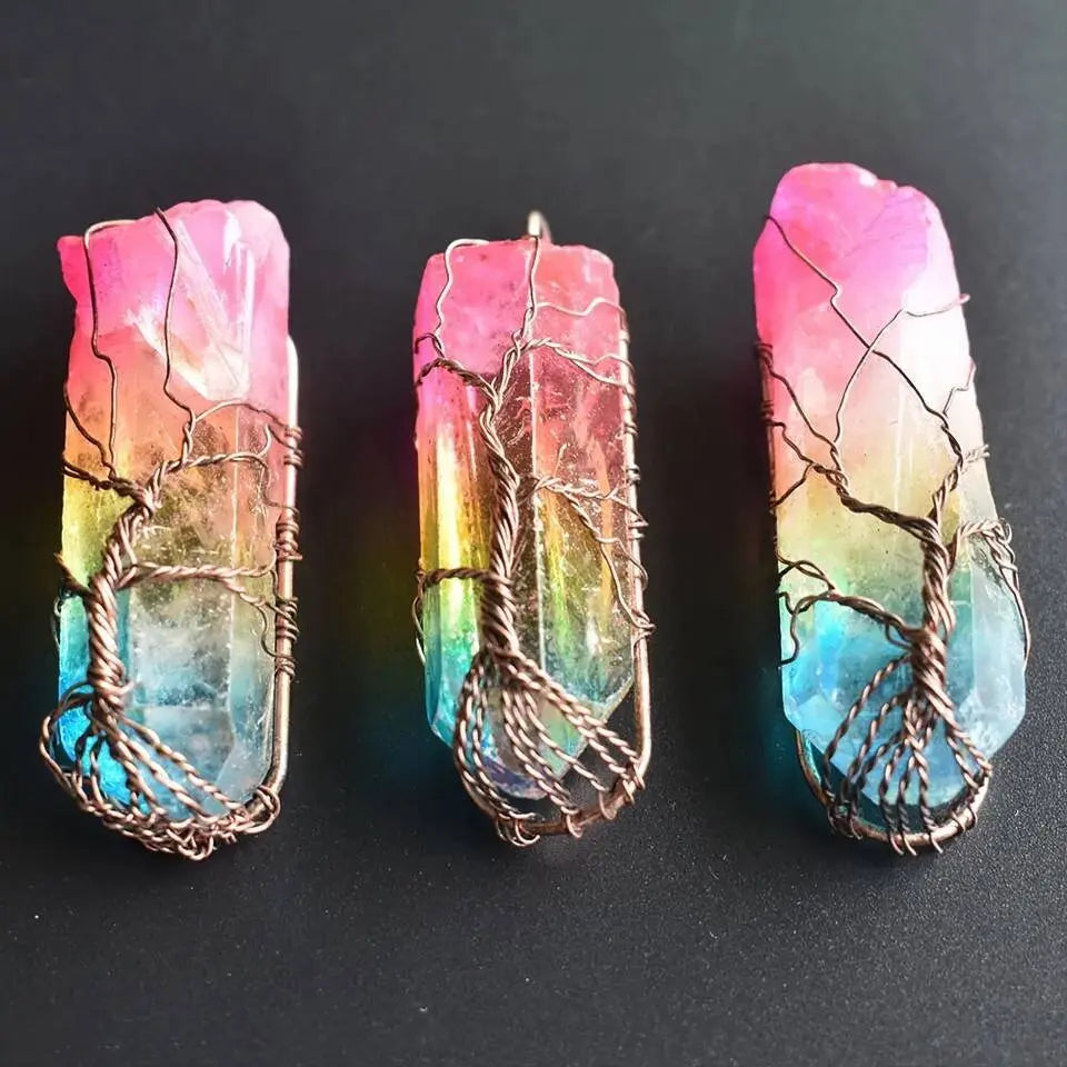 Tree of Life Rainbow Quartz Crystal Gemstone Reiki Healing Rock Raw Stone Chakra Pendant Necklace Women Rose Gold Wire Wrap Necklace JettsJewelers