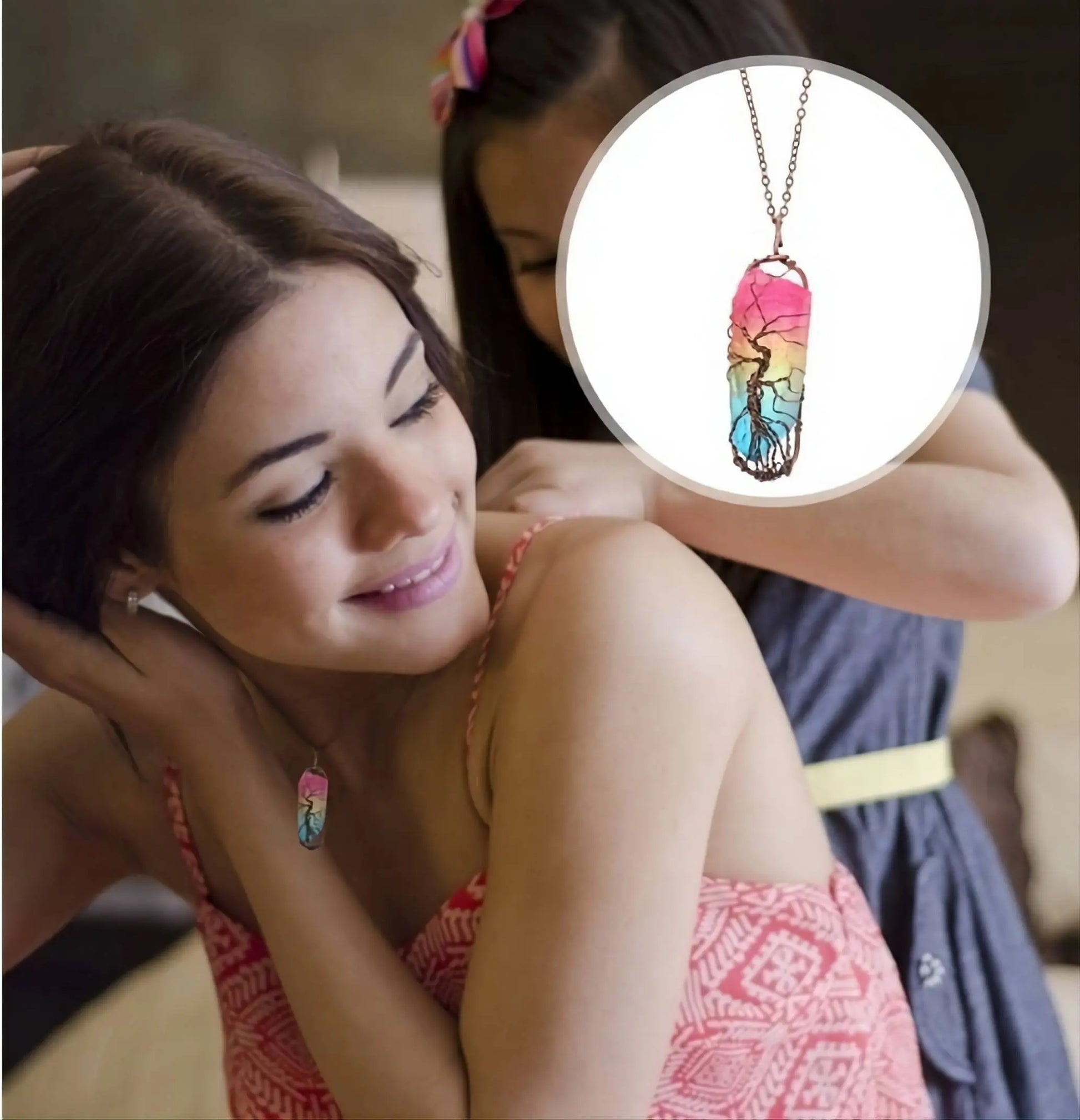 Tree of Life Rainbow Quartz Crystal Gemstone Reiki Healing Rock Raw Stone Chakra Pendant Necklace Women Rose Gold Wire Wrap Necklace JettsJewelers