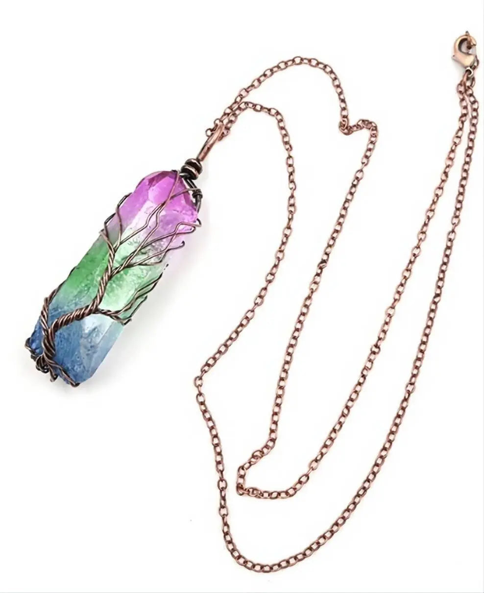 Tree of Life Rainbow Quartz Crystal Gemstone Reiki Healing Rock Raw Stone Chakra Pendant Necklace Women Rose Gold Wire Wrap Necklace JettsJewelers