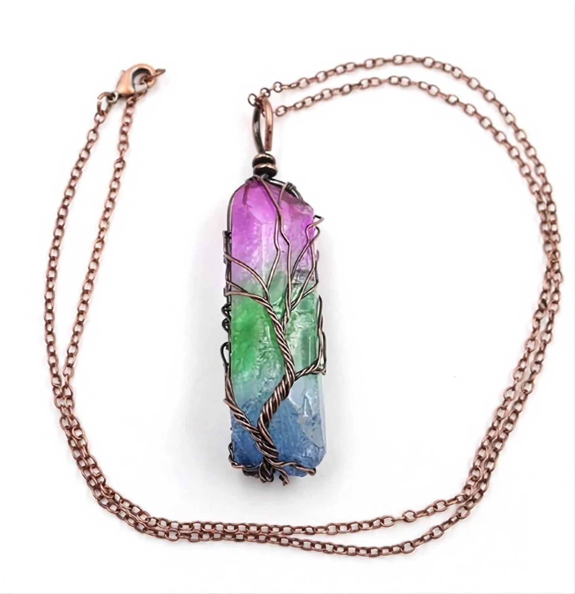 Tree of Life Rainbow Quartz Crystal Gemstone Reiki Healing Rock Raw Stone Chakra Pendant Necklace Women Rose Gold Wire Wrap Necklace JettsJewelers