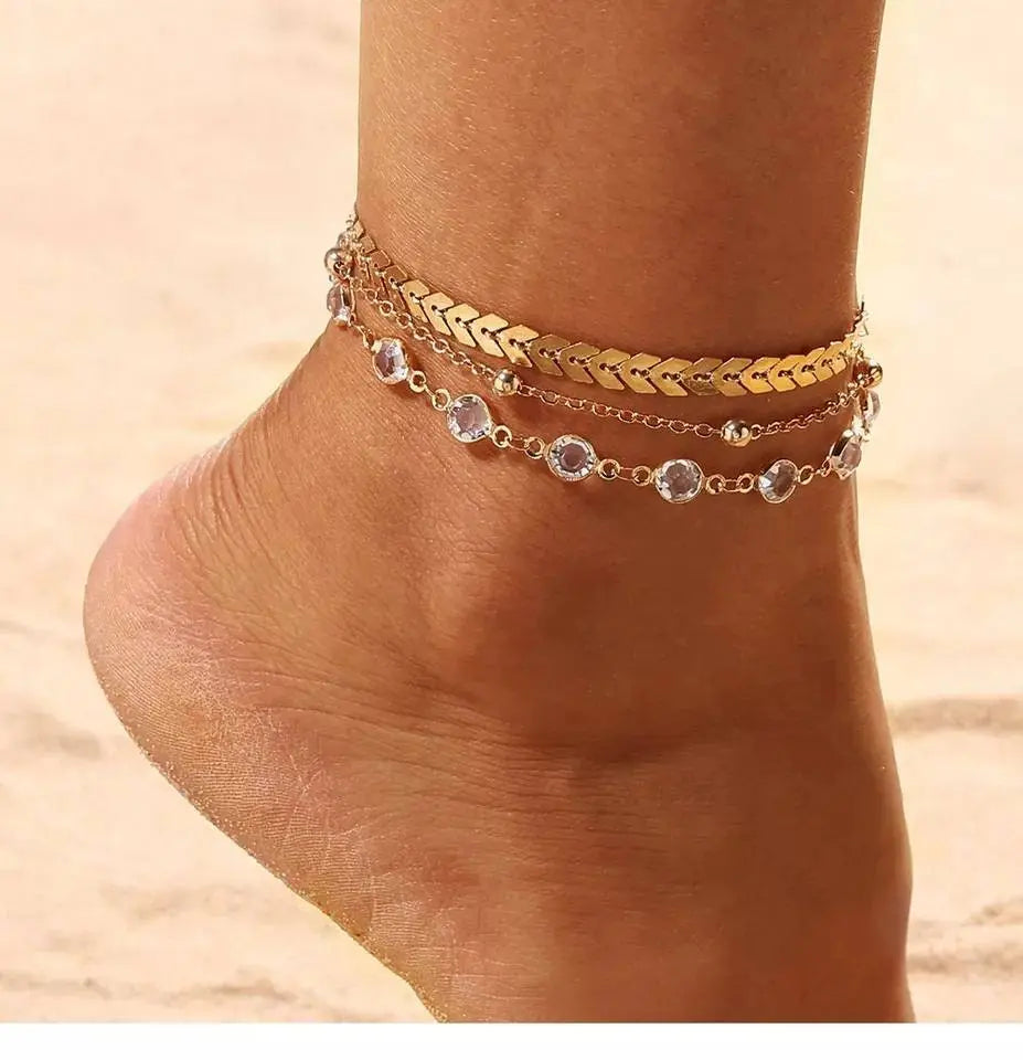 Triple Anklet For Women Bracelet Gold Color Crystal Barefoot Beach Accessories Anklet Leg Chain jewelry Gift JettsJewelers