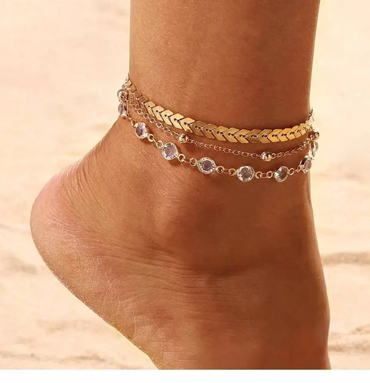 Triple Anklet For Women Bracelet Gold Color Crystal Barefoot Beach Accessories Anklet Leg Chain jewelry Gift JettsJewelers