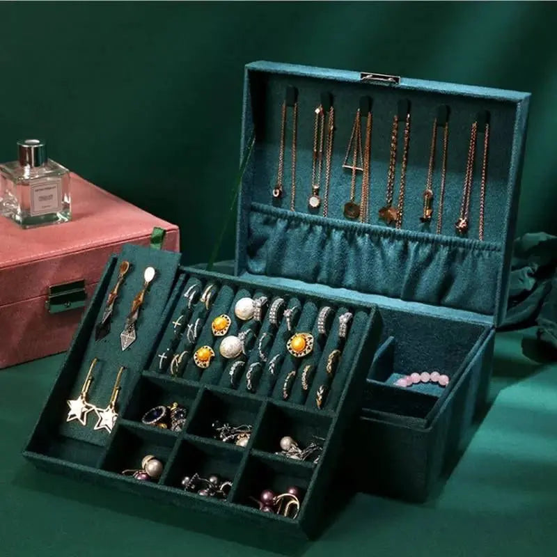 Two-Layer Jewelry Box Organizer Display Storage Case with Lock Suede Portable Leather Jewelry Box for Storing Watch, Earring, Ring, Chain JettsJewelers