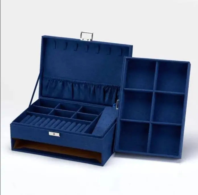 Two-Layer Jewelry Box Organizer Display Storage Case with Lock Suede Portable Leather Jewelry Box for Storing Watch, Earring, Ring, Chain JettsJewelers