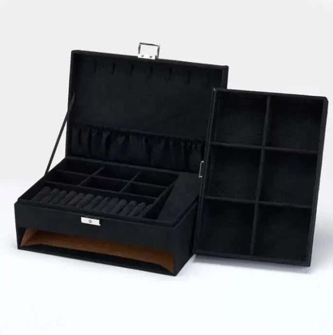 Two-Layer Jewelry Box Organizer Display Storage Case with Lock Suede Portable Leather Jewelry Box for Storing Watch, Earring, Ring, Chain JettsJewelers
