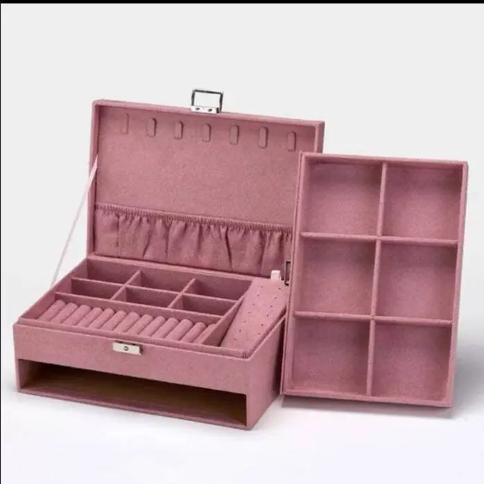 Two-Layer Jewelry Box Organizer Display Storage Case with Lock Suede Portable Leather Jewelry Box for Storing Watch, Earring, Ring, Chain JettsJewelers