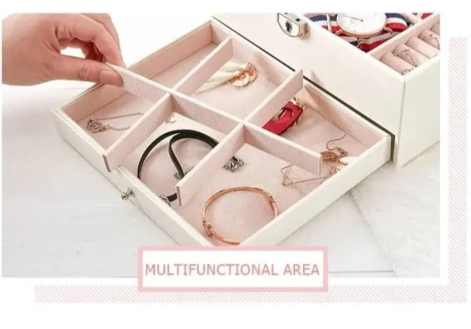 Two layer Leather Jewelry Box Organizer With Lock Mirror for Women Girls Travel Case Display Storage - JettsJewelers