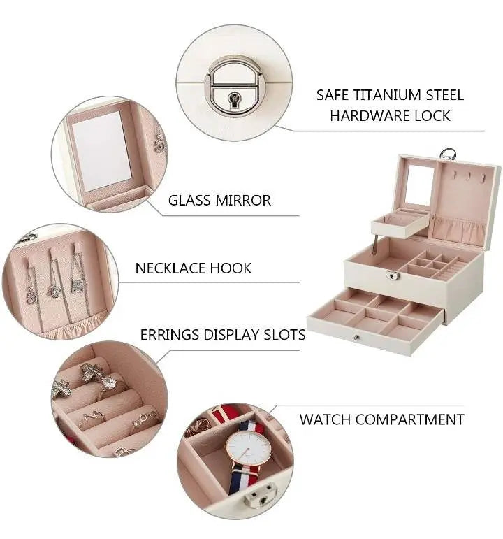 Two layer Leather Jewelry Box Organizer With Lock Mirror for Women Girls Travel Case Display Storage - JettsJewelers