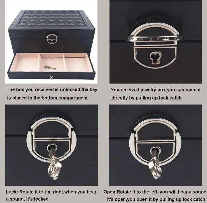 Two layer Leather Jewelry Box Organizer With Lock Mirror for Women Girls Travel Case Display Storage - JettsJewelers