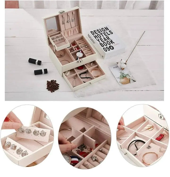 Two layer Leather Jewelry Box Organizer With Lock Mirror for Women Girls Travel Case Display Storage - JettsJewelers