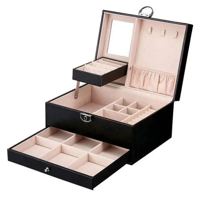 Two layer Leather Jewelry Box Organizer With Lock Mirror for Women Girls Travel Case Display Storage - JettsJewelers