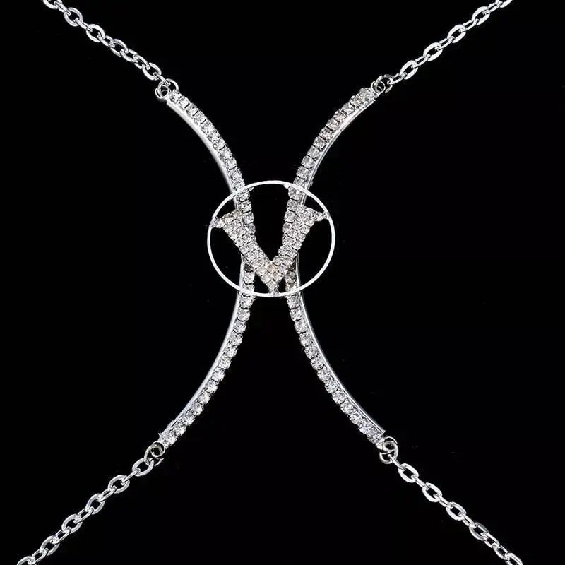 V letter Rhinestone Bra Body Chain Sexy Bikini Gold  Beauty Crystal Chest Bracket Bras Chain Nightclub Body Jewelry for Women JettsJewelers