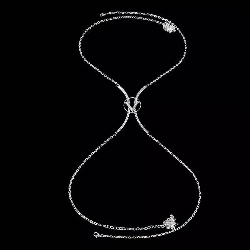V letter Rhinestone Bra Body Chain Sexy Bikini Gold  Beauty Crystal Chest Bracket Bras Chain Nightclub Body Jewelry for Women JettsJewelers