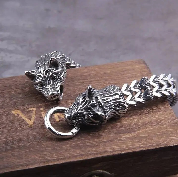 Viking Jewelry Stainless Steel Wolf Head Bracelet Men Can Open Mouth Punk Bracelet Motorcycle Jewelry JettsJewelers