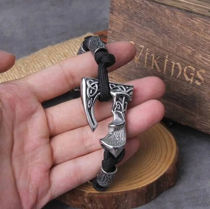 Vikings Thor Axe Wrap Bracelets Men Mjolnir Hammer Camping Paracord Survival Rope Wristband Amulet Handmade Male Jewelry Gifts - Black JettsJewelers