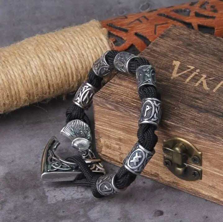 Vikings Thor Axe Wrap Bracelets Men Mjolnir Hammer Camping Paracord Survival Rope Wristband Amulet Handmade Male Jewelry Gifts - Black JettsJewelers