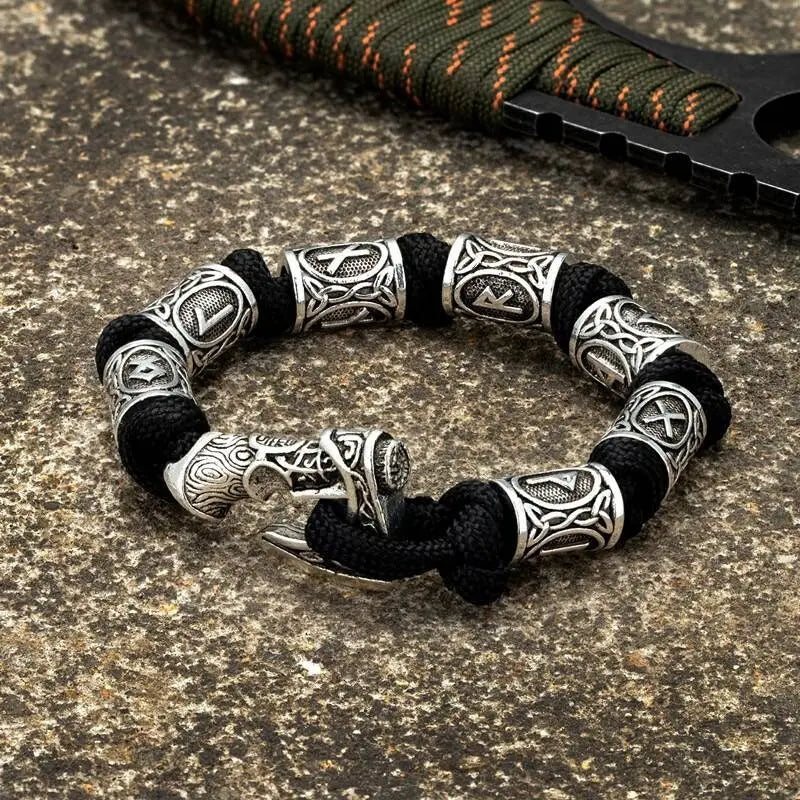 Vikings Thor Axe Wrap Bracelets Men Mjolnir Hammer Camping Paracord Survival Rope Wristband Amulet Handmade Male Jewelry Gifts - Black JettsJewelers