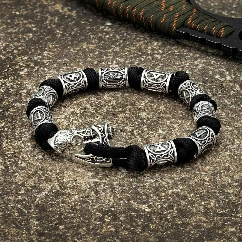 Vikings Thor Axe Wrap Bracelets Men Mjolnir Hammer Camping Paracord Survival Rope Wristband Amulet Handmade Male Jewelry Gifts - Black JettsJewelers