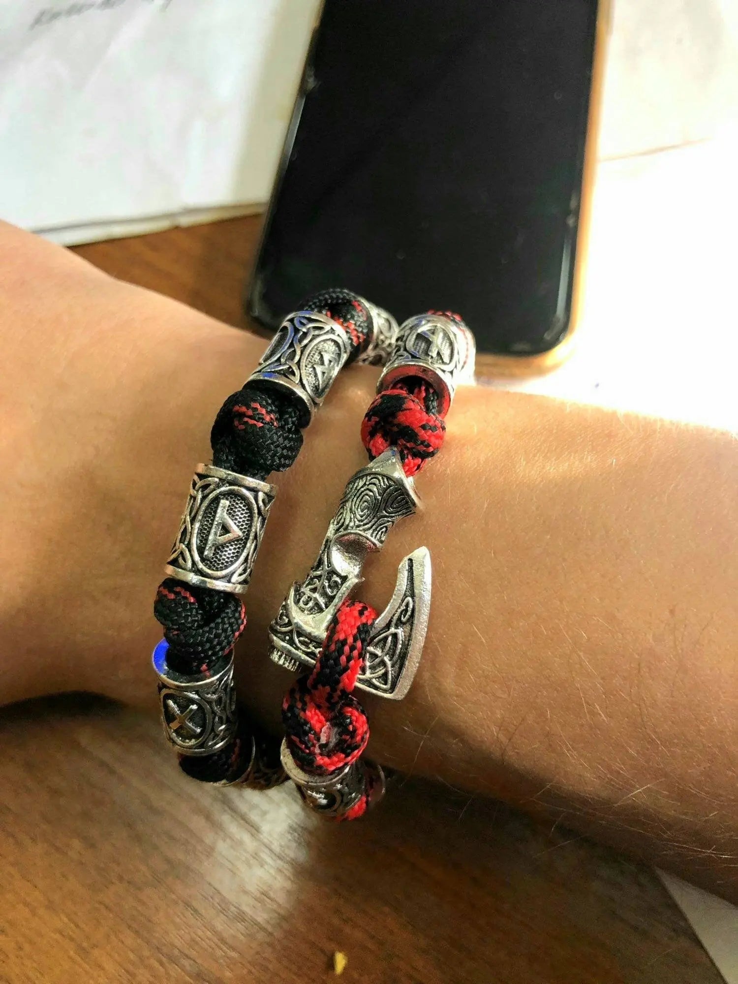 Vikings Thor Axe Wrap Bracelets Men Mjolnir Hammer Camping Paracord Survival Rope Wristband Amulet Handmade Male Jewelry Gifts - Black Red JettsJewelers