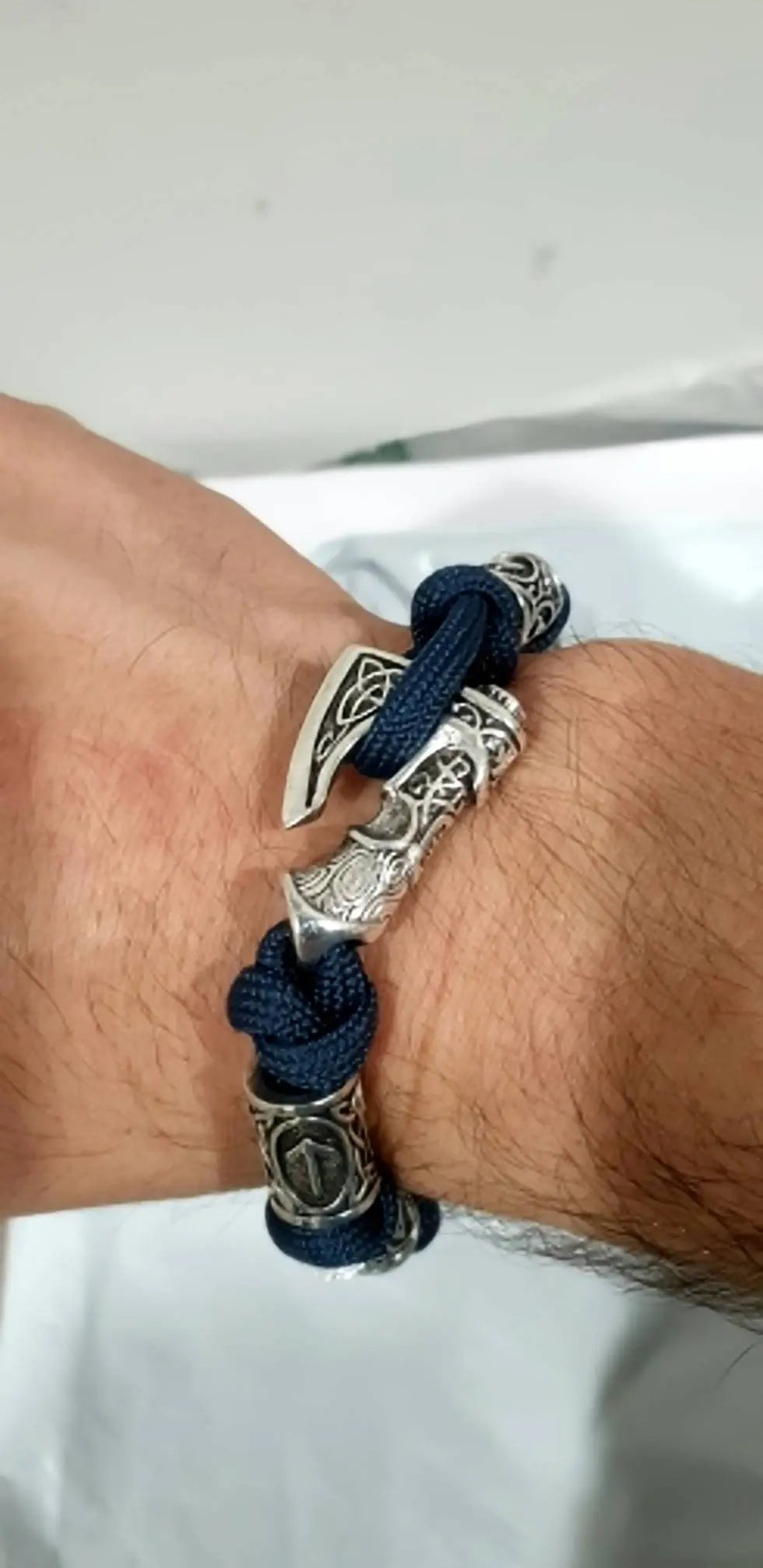 Vikings Thor Axe Wrap Bracelets Men Mjolnir Hammer Camping Paracord Survival Rope Wristband Amulet Handmade Male Jewelry Gifts - Blue JettsJewelers