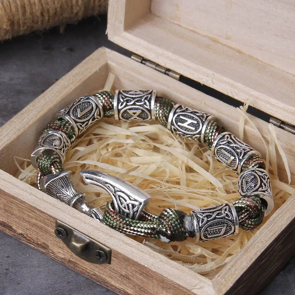 Vikings Thor Axe Wrap Bracelets Men Mjolnir Hammer Camping Paracord Survival Rope Wristband Amulet Handmade Male Jewelry Gifts - Green JettsJewelers