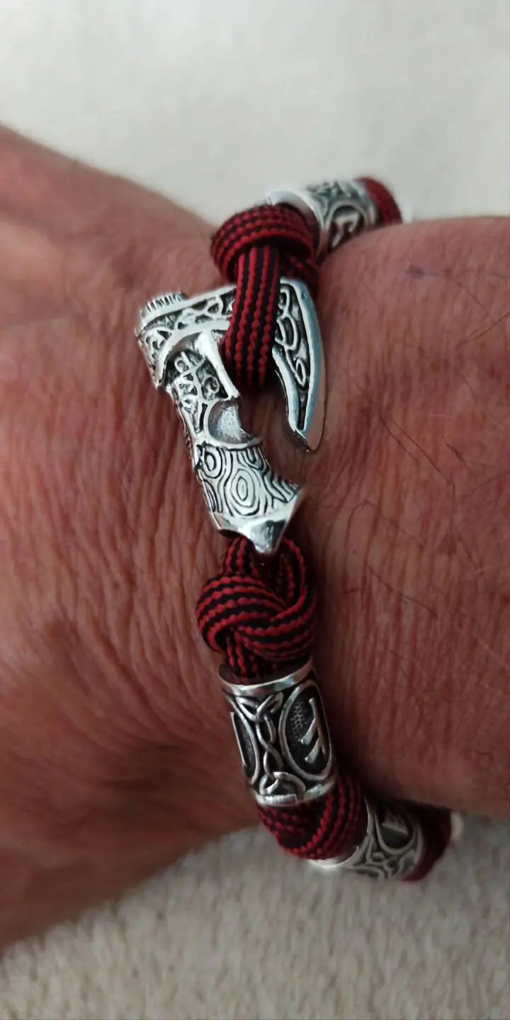 Vikings Thor Axe Wrap Bracelets Men Mjolnir Hammer Camping Paracord Survival Rope Wristband Amulet Handmade Male Jewelry Gifts - Red Black JettsJewelers