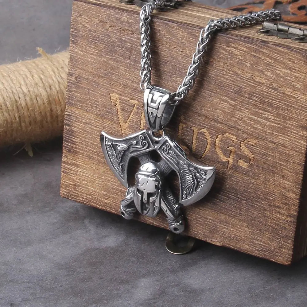 Vintage Nordic Double Axe Pendant Necklace Stainless Steel JettsJewelers
