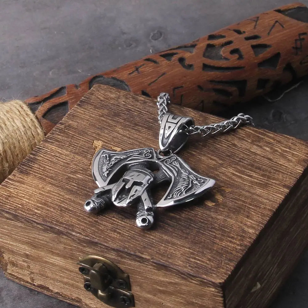 Vintage Nordic Double Axe Pendant Necklace Stainless Steel JettsJewelers