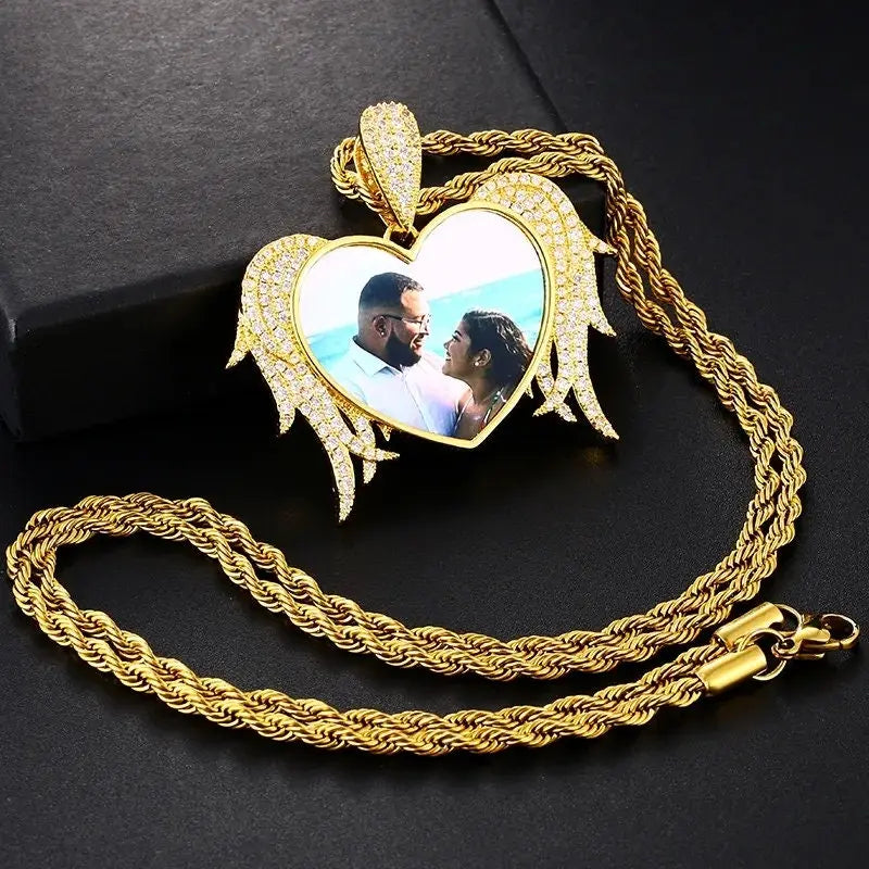 Winged Heart Picture Necklace with Engraving Personalized for Men Women, 18K Gold/Platinum Plated AAA CZ Medallion Customized Photo Pendant JettsJewelers