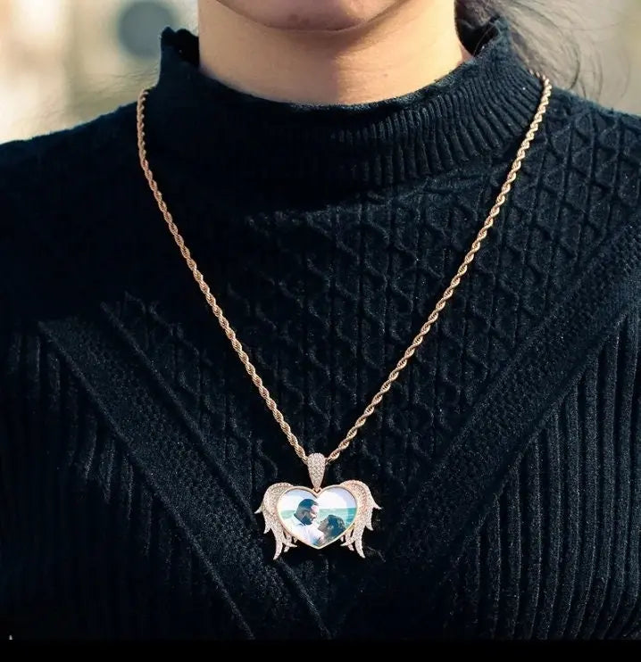 Winged Heart Picture Necklace with Engraving Personalized for Men Women, 18K Gold/Platinum Plated AAA CZ Medallion Customized Photo Pendant JettsJewelers