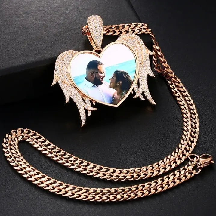 Winged Heart Picture Necklace with Engraving Personalized for Men Women, 18K Gold/Platinum Plated AAA CZ Medallion Customized Photo Pendant JettsJewelers
