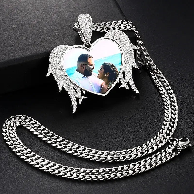 Winged Heart Picture Necklace with Engraving Personalized for Men Women, 18K Gold/Platinum Plated AAA CZ Medallion Customized Photo Pendant JettsJewelers