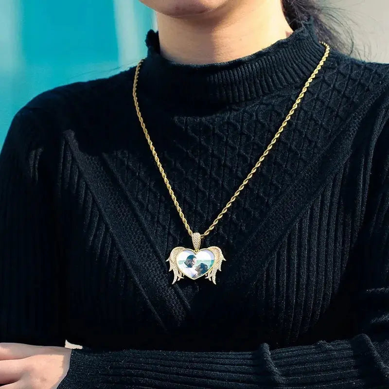 Winged Heart Picture Necklace with Engraving Personalized for Men Women, 18K Gold/Platinum Plated AAA CZ Medallion Customized Photo Pendant JettsJewelers