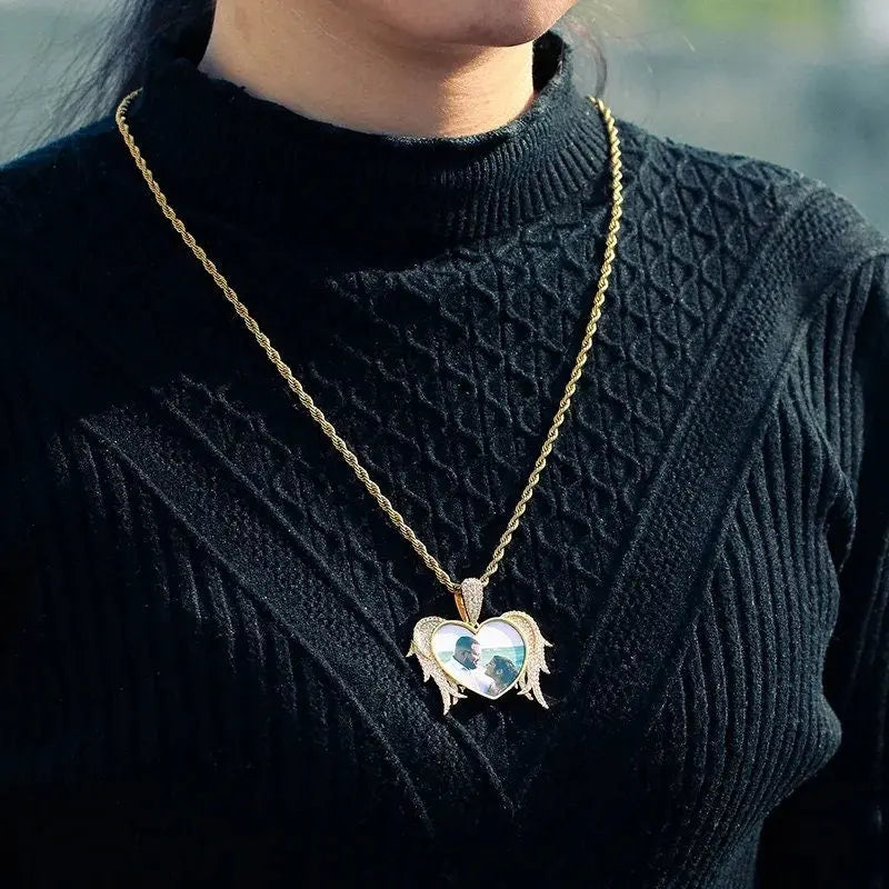 Winged Heart Picture Necklace with Engraving Personalized for Men Women, 18K Gold/Platinum Plated AAA CZ Medallion Customized Photo Pendant JettsJewelers