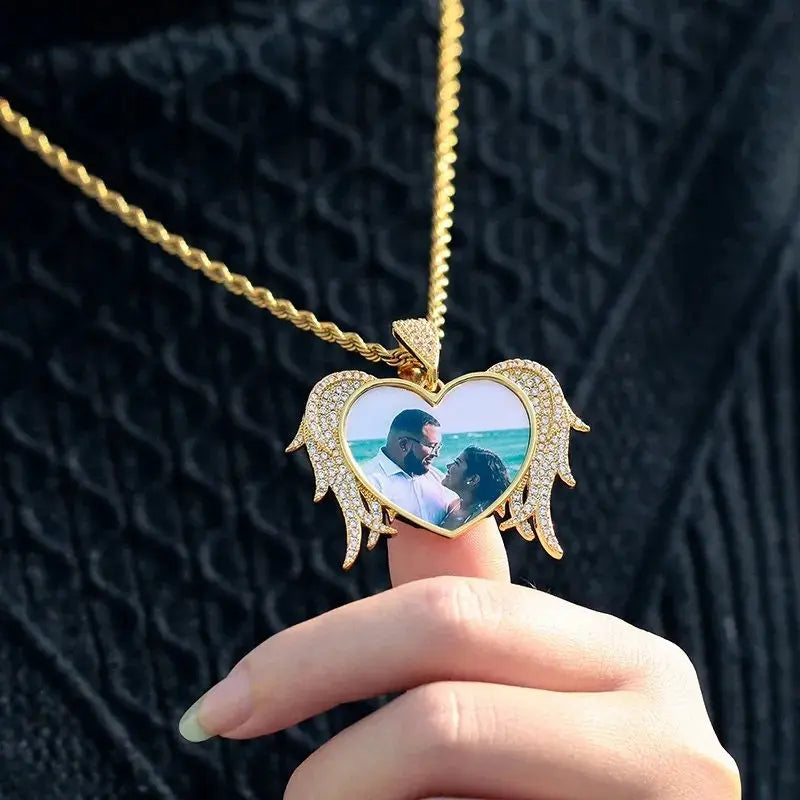 Winged Heart Picture Necklace with Engraving Personalized for Men Women, 18K Gold/Platinum Plated AAA CZ Medallion Customized Photo Pendant JettsJewelers