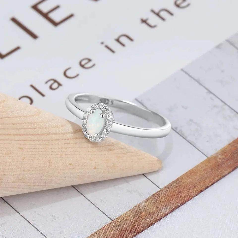 Women 925 Sterling Silver Rings Created Oval Blue White Opal Ring with Surrounding Zircon - JettsJewelers
