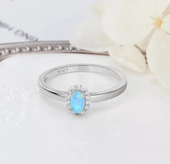 Women 925 Sterling Silver Rings Created Oval Blue White Opal Ring with Surrounding Zircon - JettsJewelers