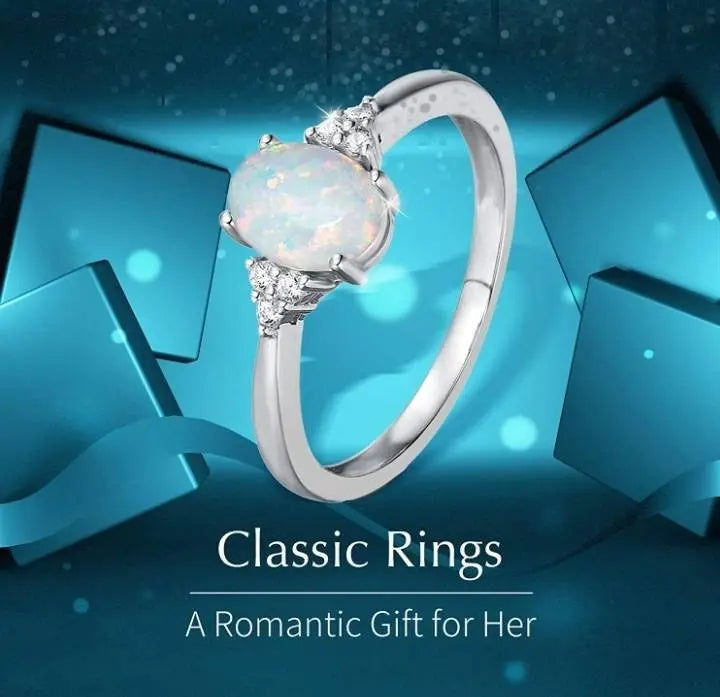 Women 925 Sterling Silver Rings Oval White Opal Ring with Zirconia - JettsJewelers
